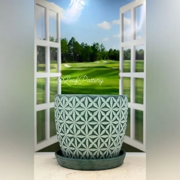 Martha Green Clay Planter Pot with Saucer Attached - Picture 1 of 9